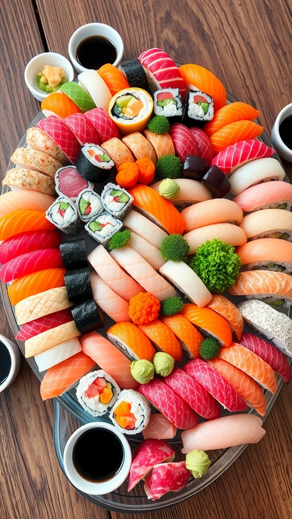 A colorful sushi platter with 50 assorted pieces including rolls, nigiri, and sashimi, served with soy sauce and garnishes.